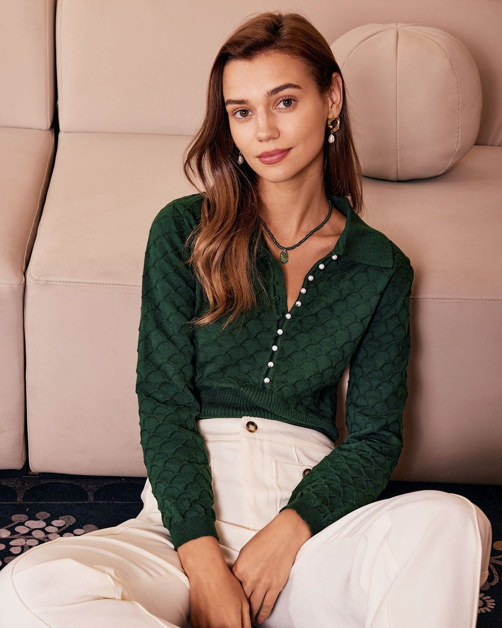 The Green Lapel Ribbed Textured Knit Top | Rihoas