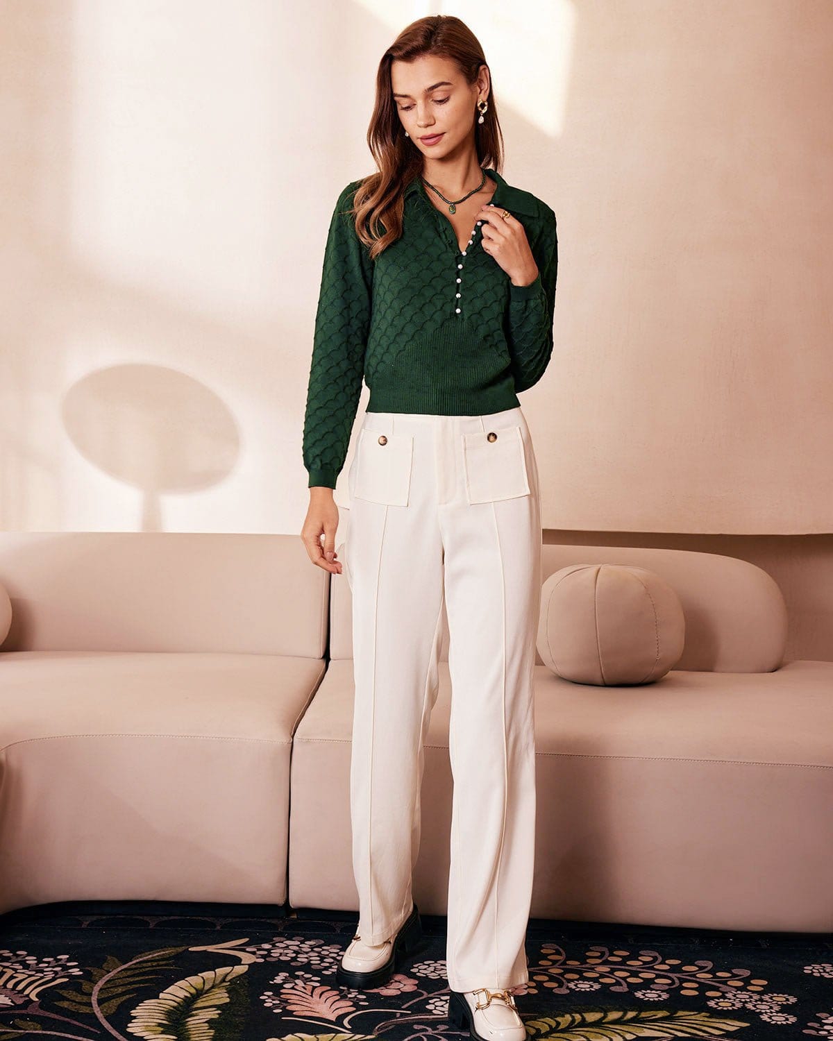 The Green Lapel Ribbed Textured Knit Top | Rihoas