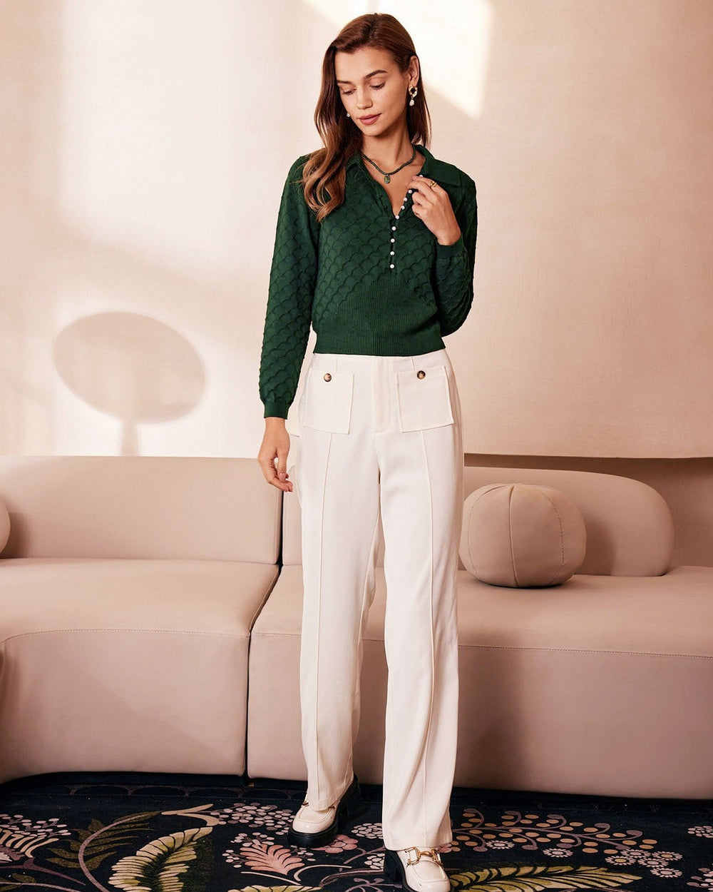 The Green Lapel Ribbed Textured Knit Top | Rihoas