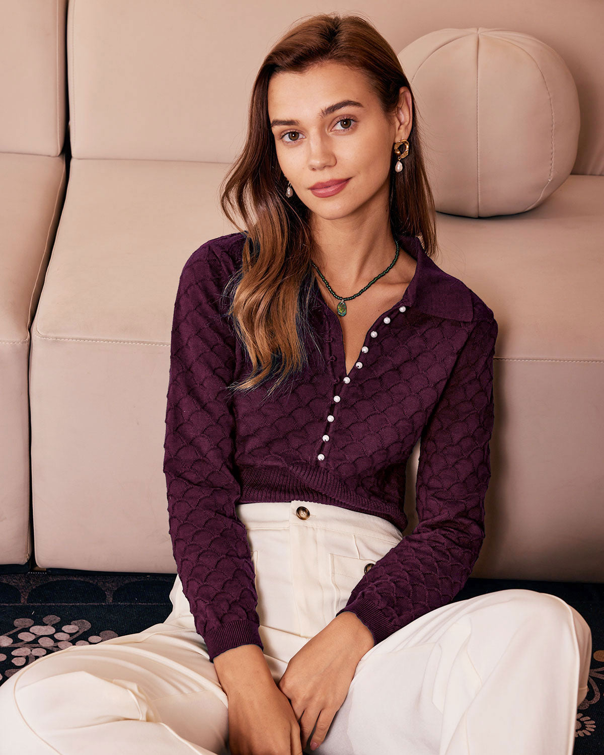 Purple Pearl Buttons Knit Tee | Rihoas