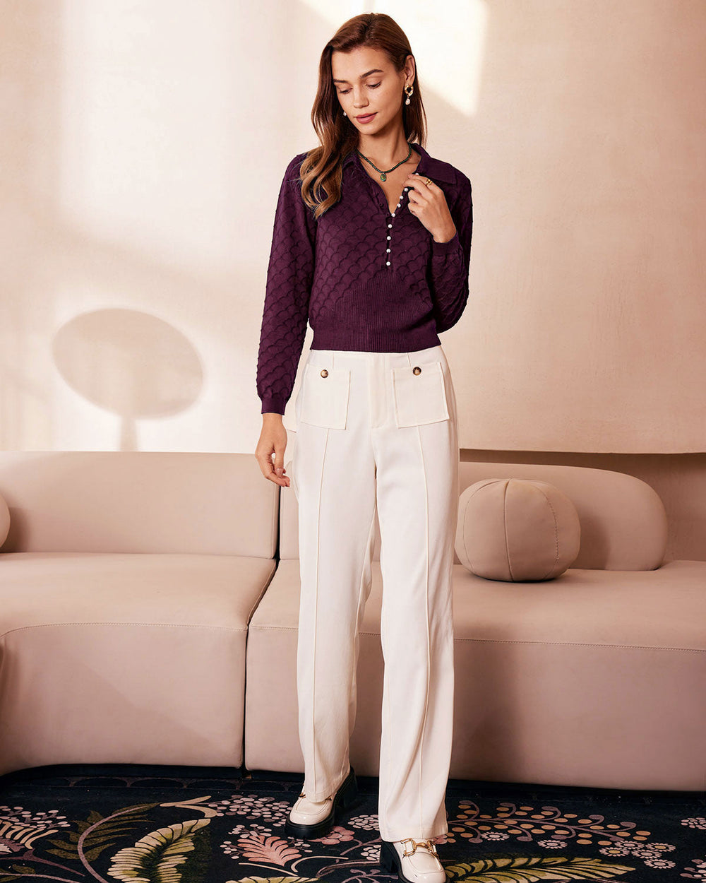 Purple Pearl Buttons Knit Tee | Rihoas