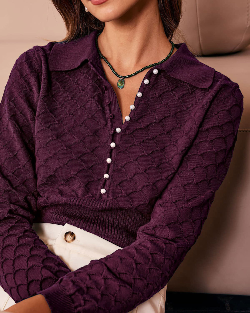 Purple Pearl Buttons Knit Tee | Rihoas