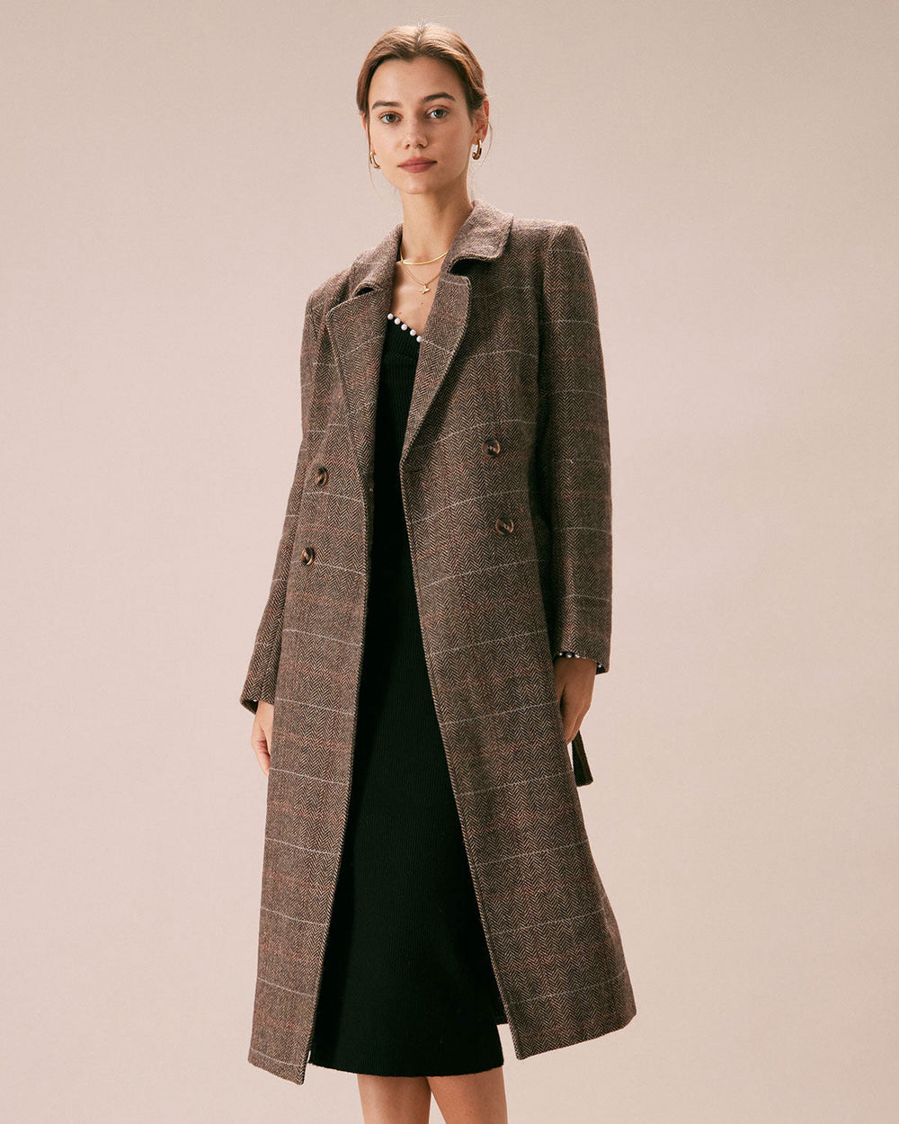 The Coffee Lapel Belted Double Breasted Coat | Rihoas