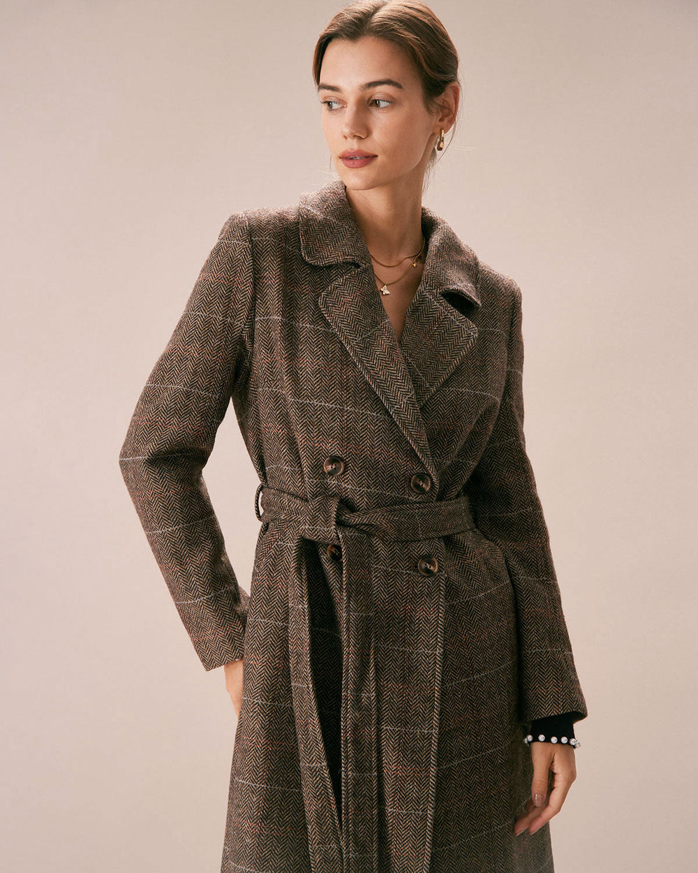 The Coffee Lapel Belted Double Breasted Coat | Rihoas