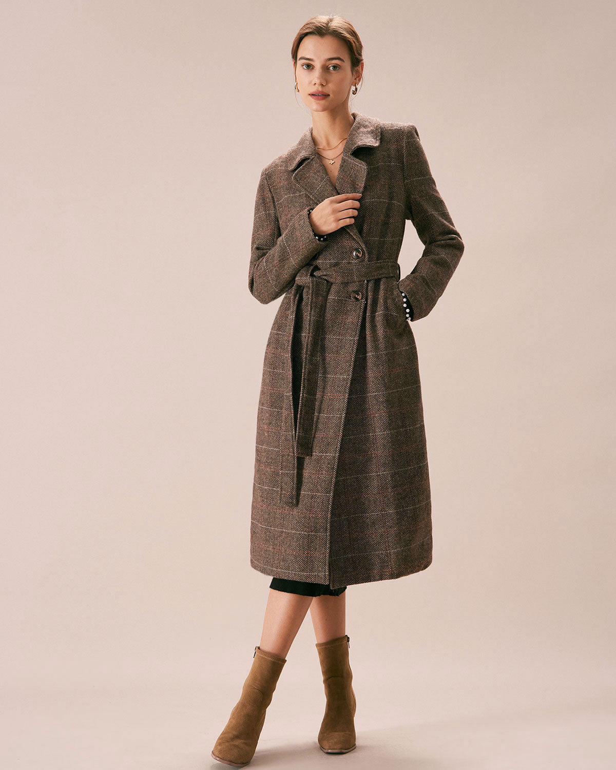 The Coffee Lapel Belted Double Breasted Coat | Rihoas