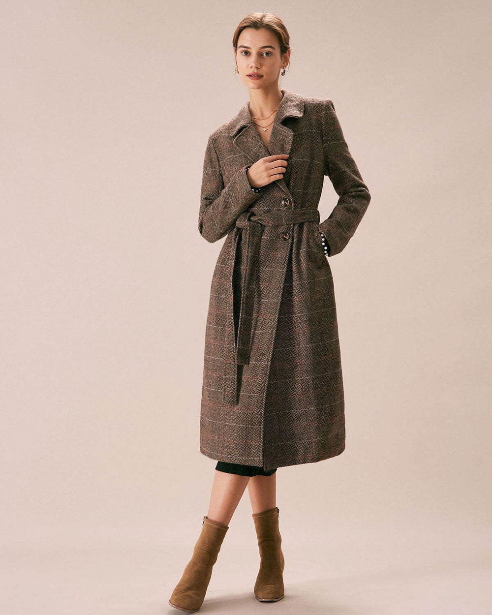 The Coffee Lapel Belted Double Breasted Coat | Rihoas