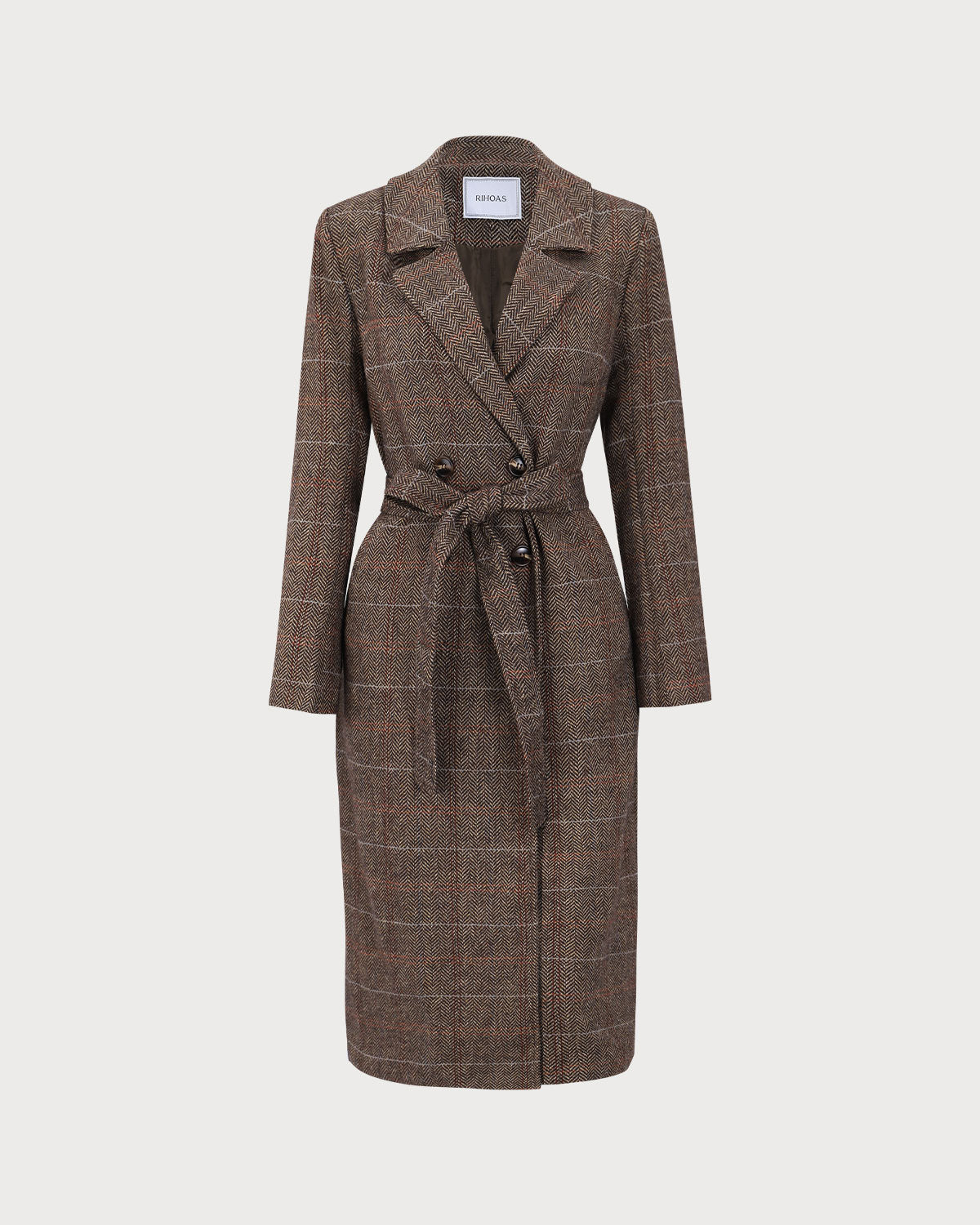 The Coffee Lapel Belted Double Breasted Coat | Rihoas