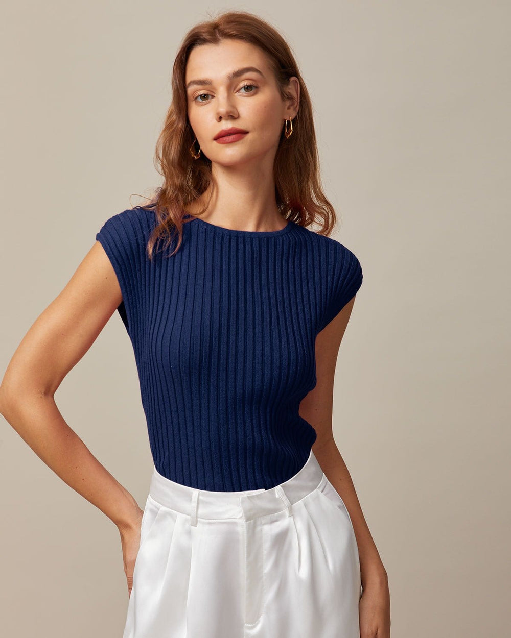 The Blue Boat Neck Ribbed Cap Sleeve Knit Tee | Rihoas