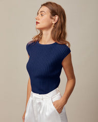 The Blue Boat Neck Ribbed Cap Sleeve Knit Tee | Rihoas