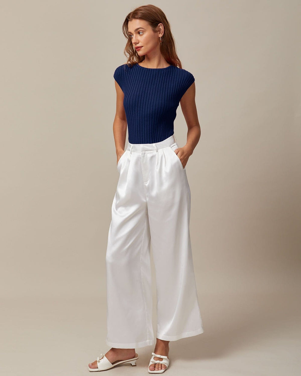 The Blue Boat Neck Ribbed Cap Sleeve Knit Tee | Rihoas
