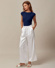 The Blue Boat Neck Ribbed Cap Sleeve Knit Tee | Rihoas