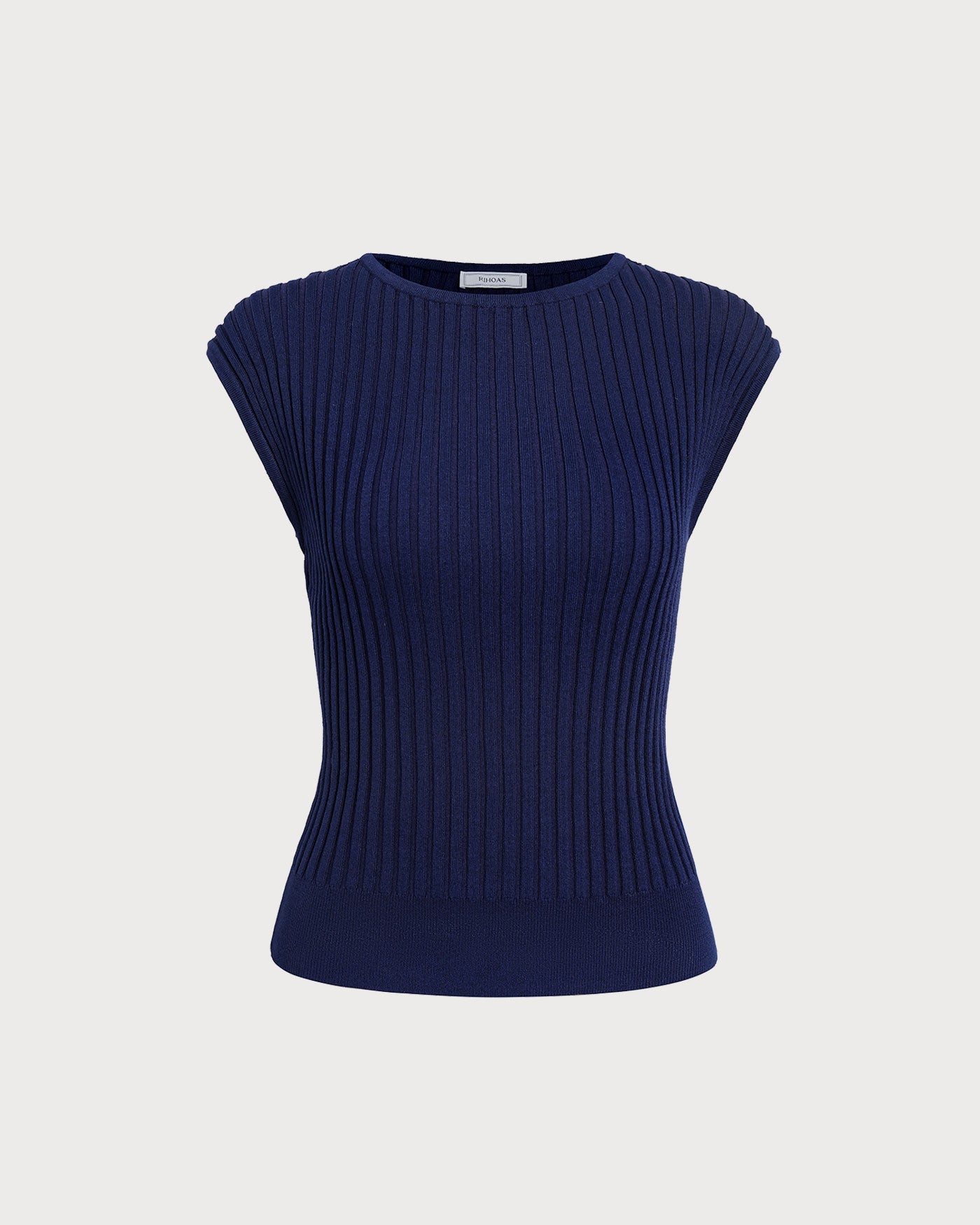 The Blue Boat Neck Ribbed Cap Sleeve Knit Tee | Rihoas