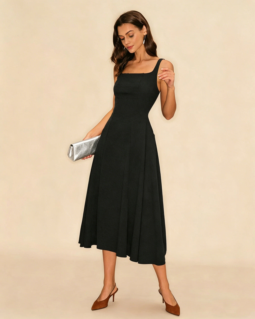 Black Solid Zipper Slip Midi Dress | Rihoas
