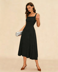 Black Solid Zipper Slip Midi Dress | Rihoas