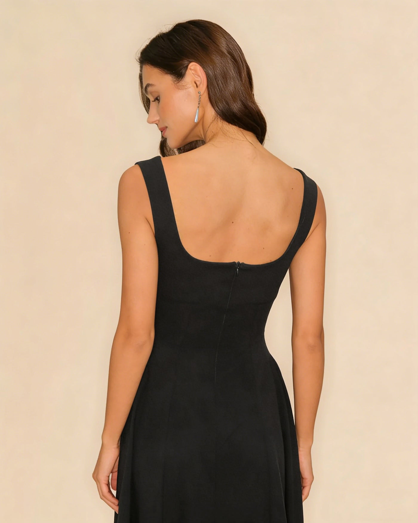 Black Solid Zipper Slip Midi Dress | Rihoas