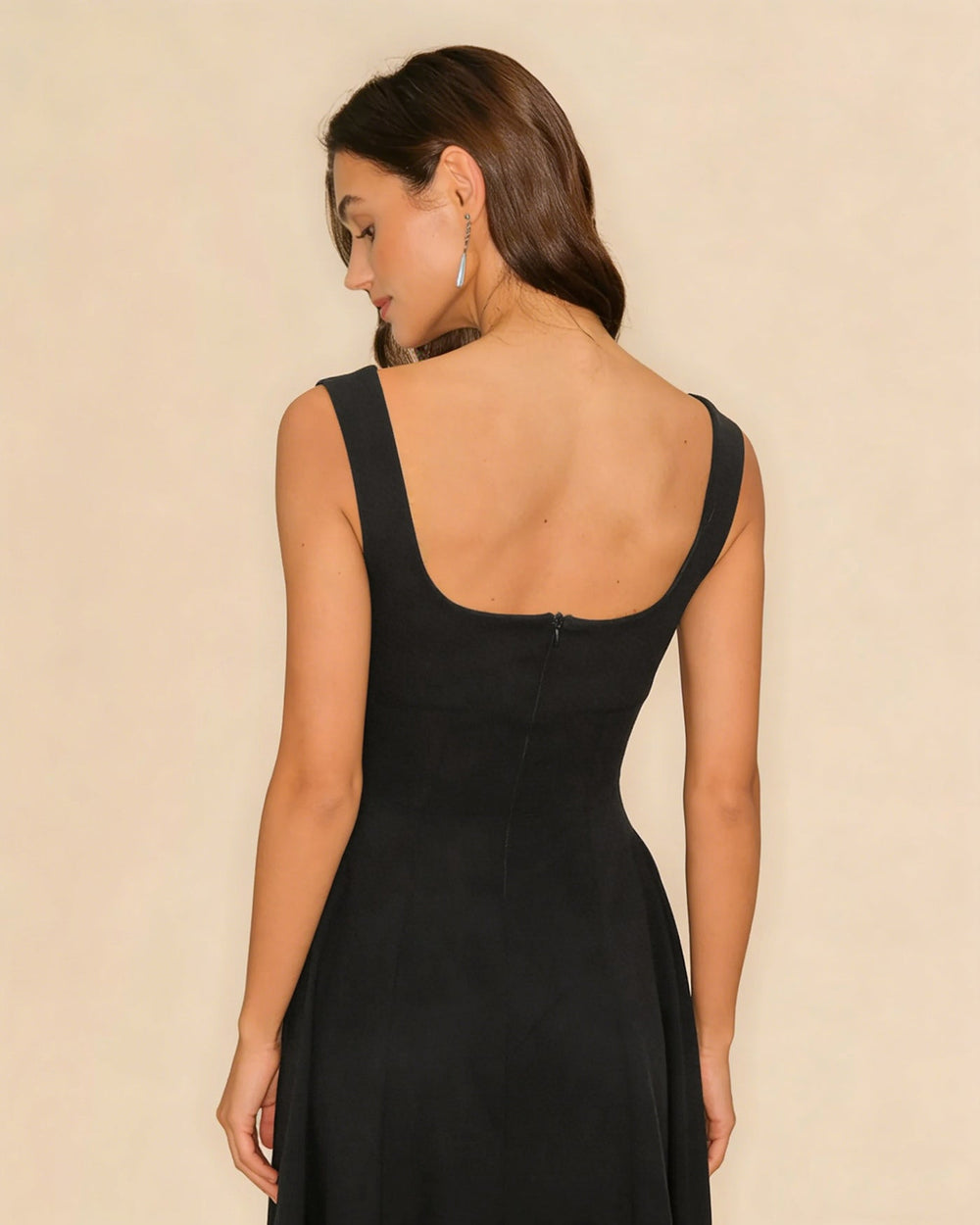 Black Solid Zipper Slip Midi Dress | Rihoas