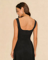 Black Solid Zipper Slip Midi Dress | Rihoas