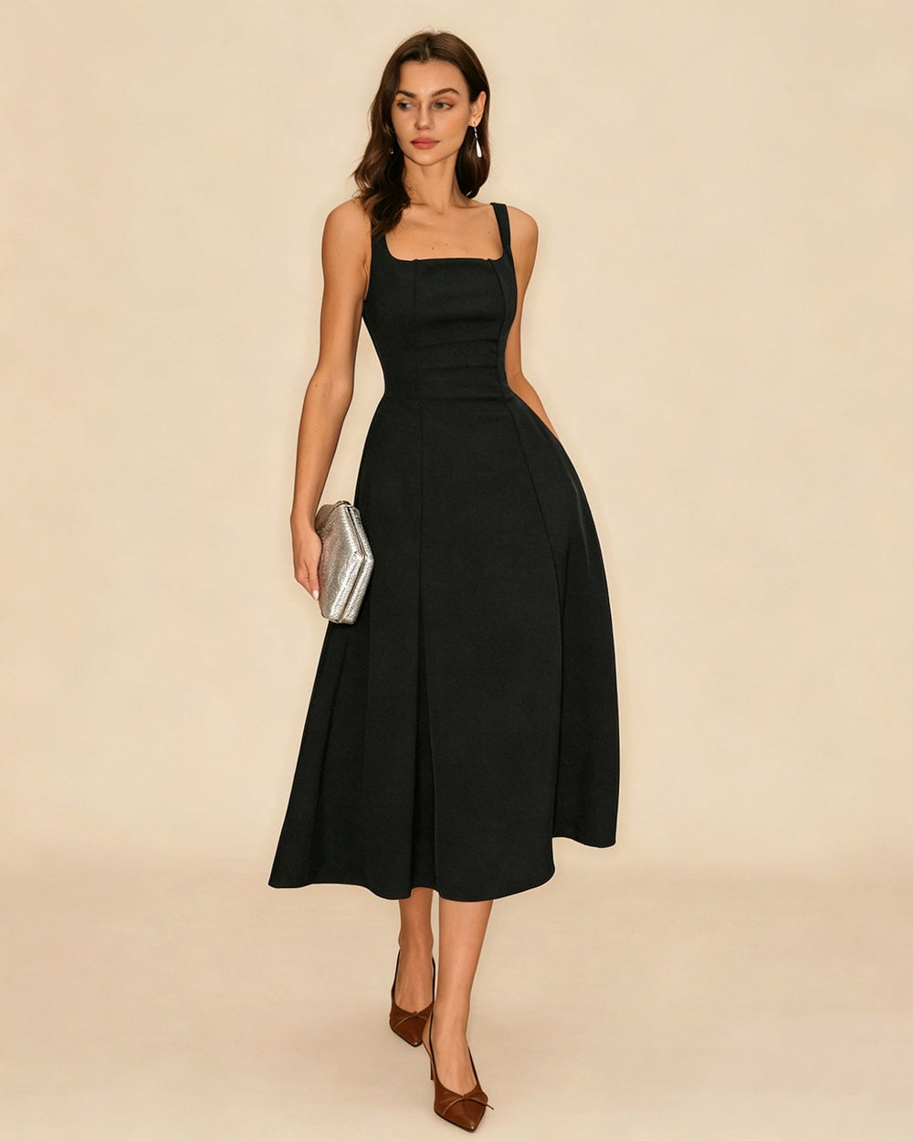 Black Solid Zipper Slip Midi Dress | Rihoas