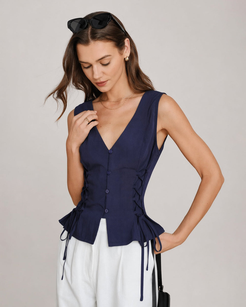 Navy V Neck Single Breasted Tie Vest | Rihoas