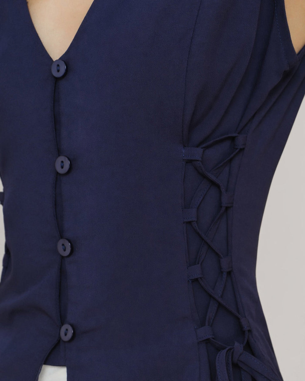 Navy V Neck Single Breasted Tie Vest | Rihoas