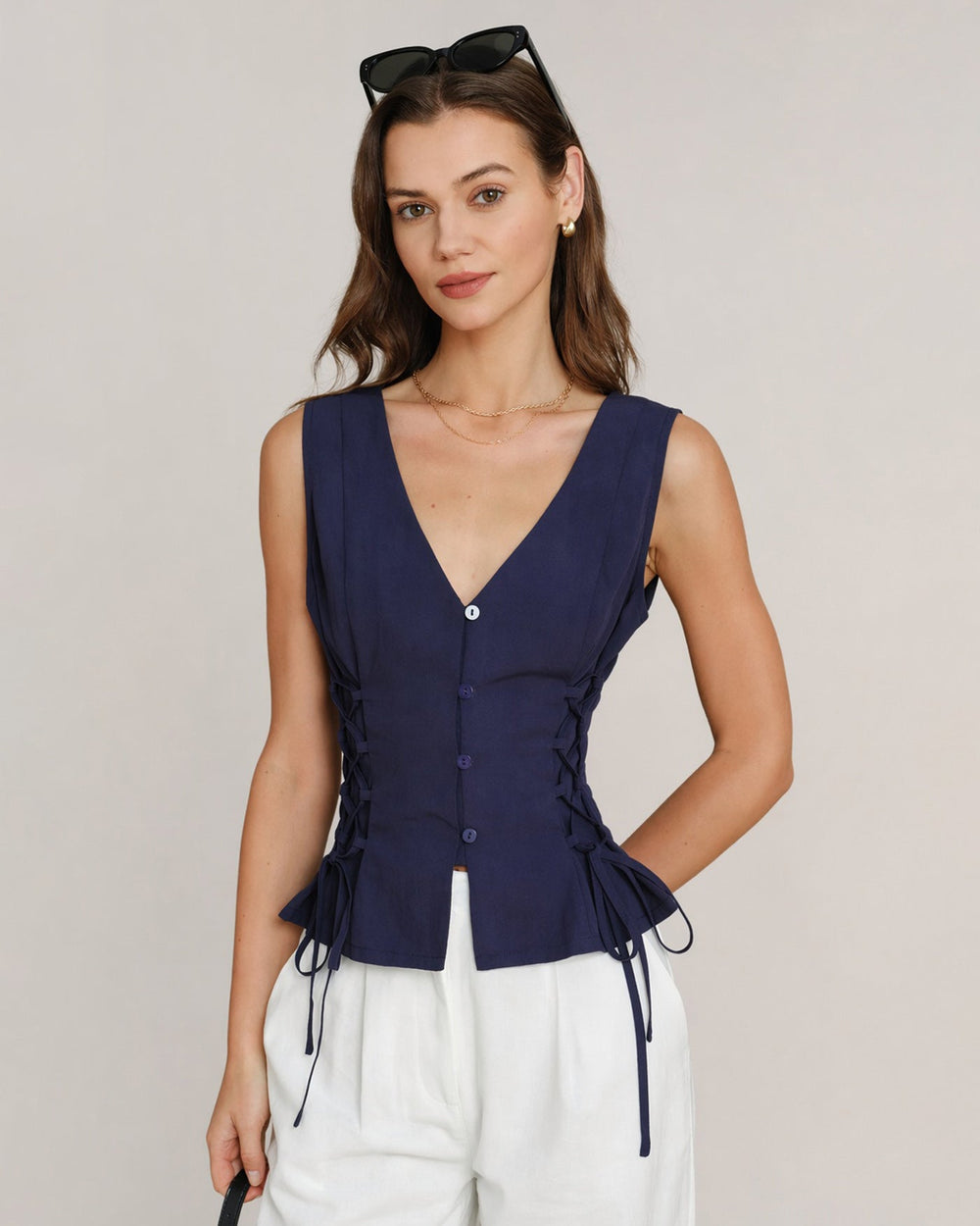 Navy V Neck Single Breasted Tie Vest | Rihoas