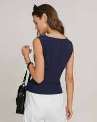 Navy V Neck Single Breasted Tie Vest | Rihoas