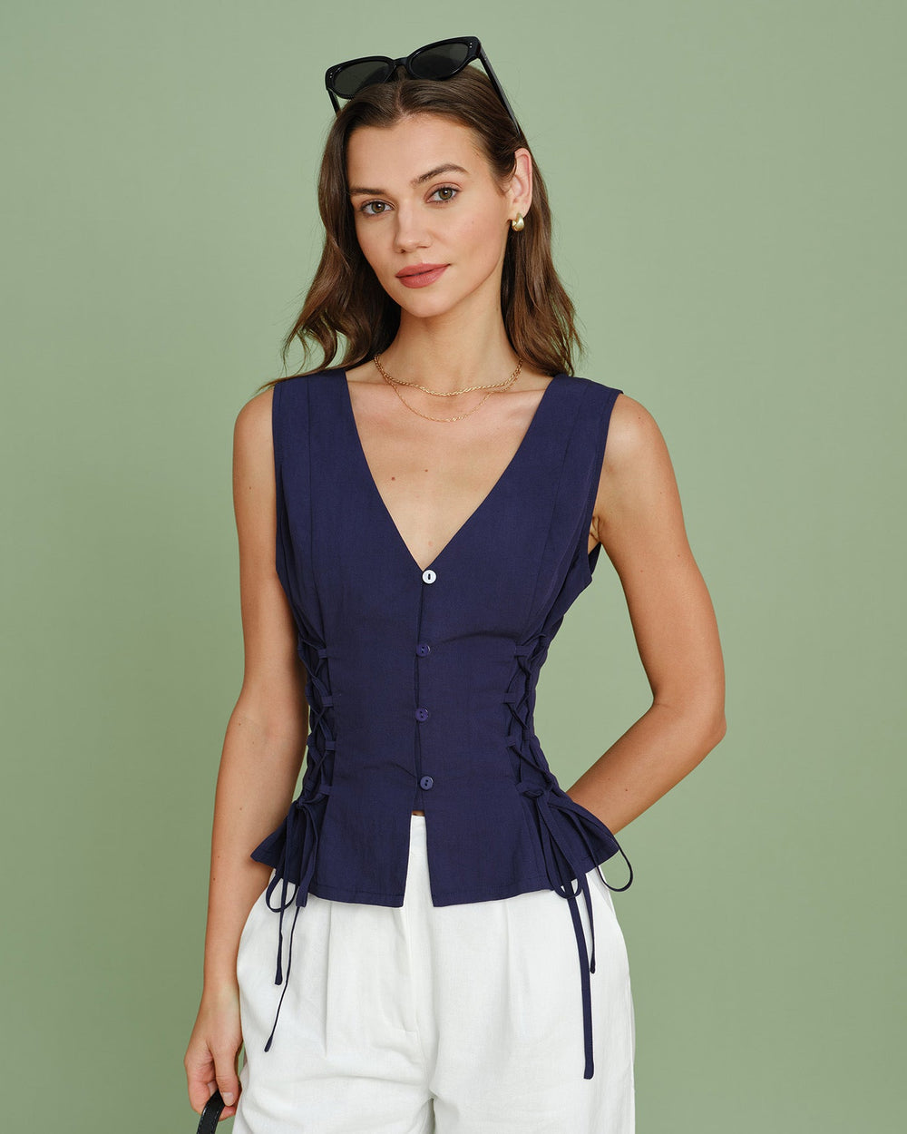Navy V Neck Single Breasted Tie Vest | Rihoas