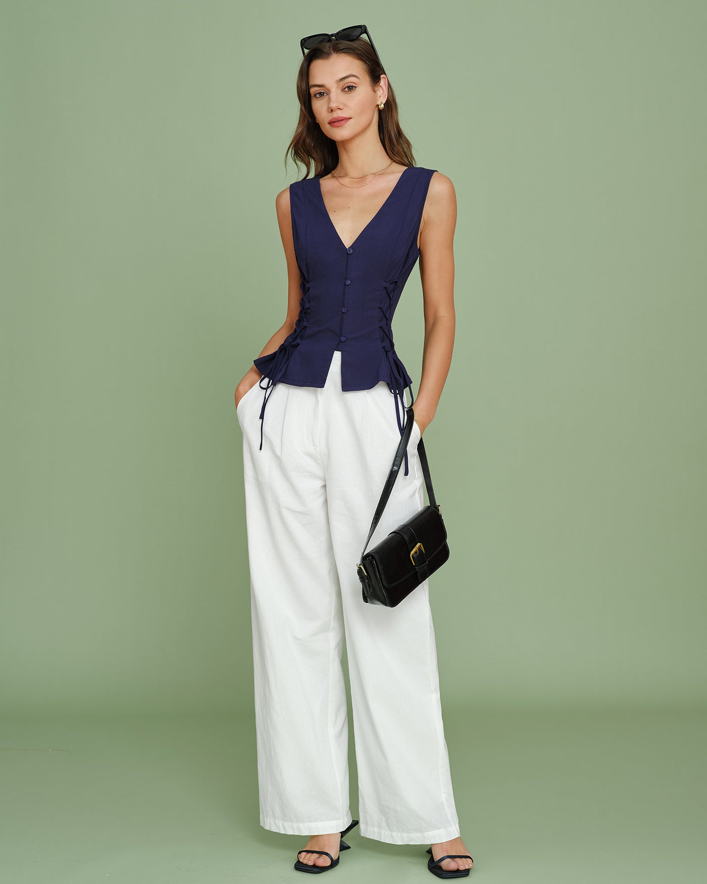 Navy V Neck Single Breasted Tie Vest | Rihoas