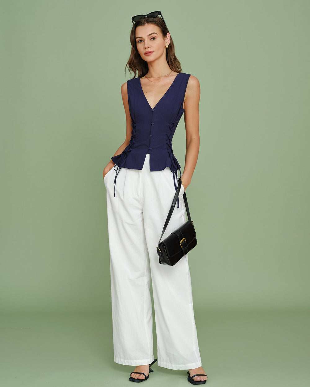 Navy V Neck Single Breasted Tie Vest | Rihoas