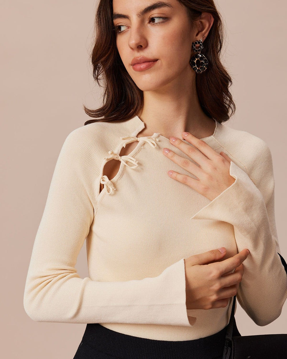 The Beige Ribbed Cut Out Bowknot Knit Top | Rihoas