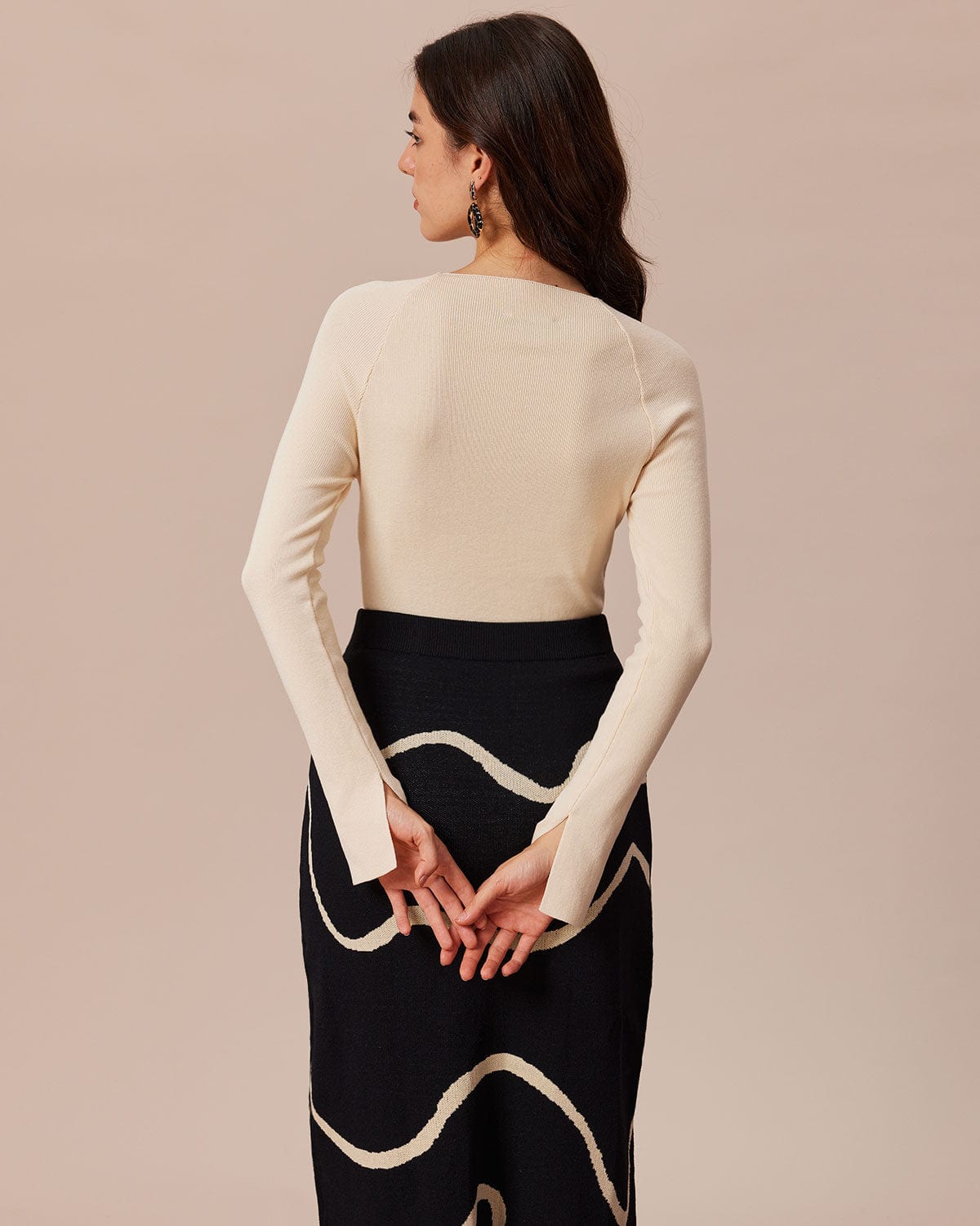 The Beige Ribbed Cut Out Bowknot Knit Top | Rihoas