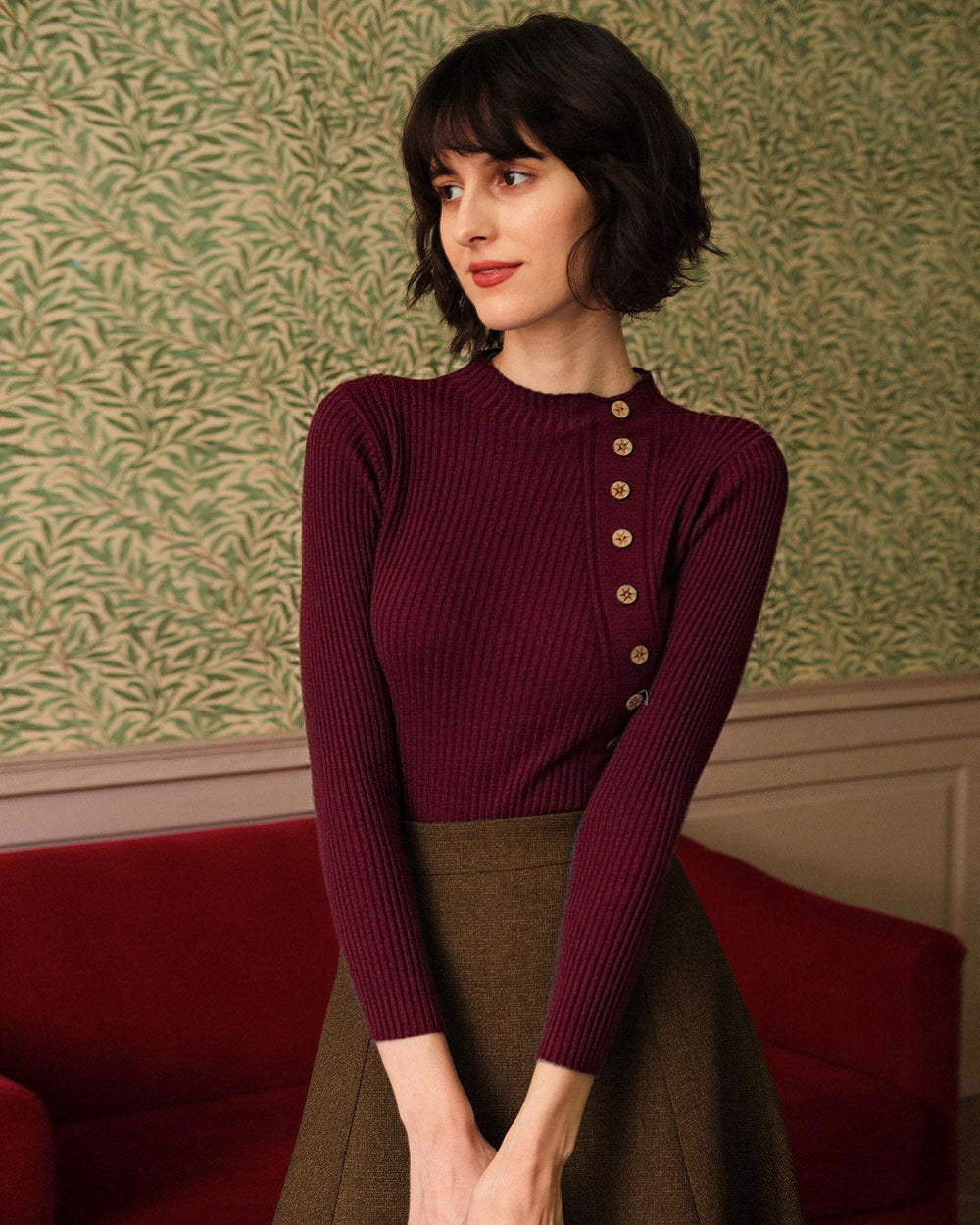 Wine Red Mock Neck Ribbed Knit Tee | Rihoas