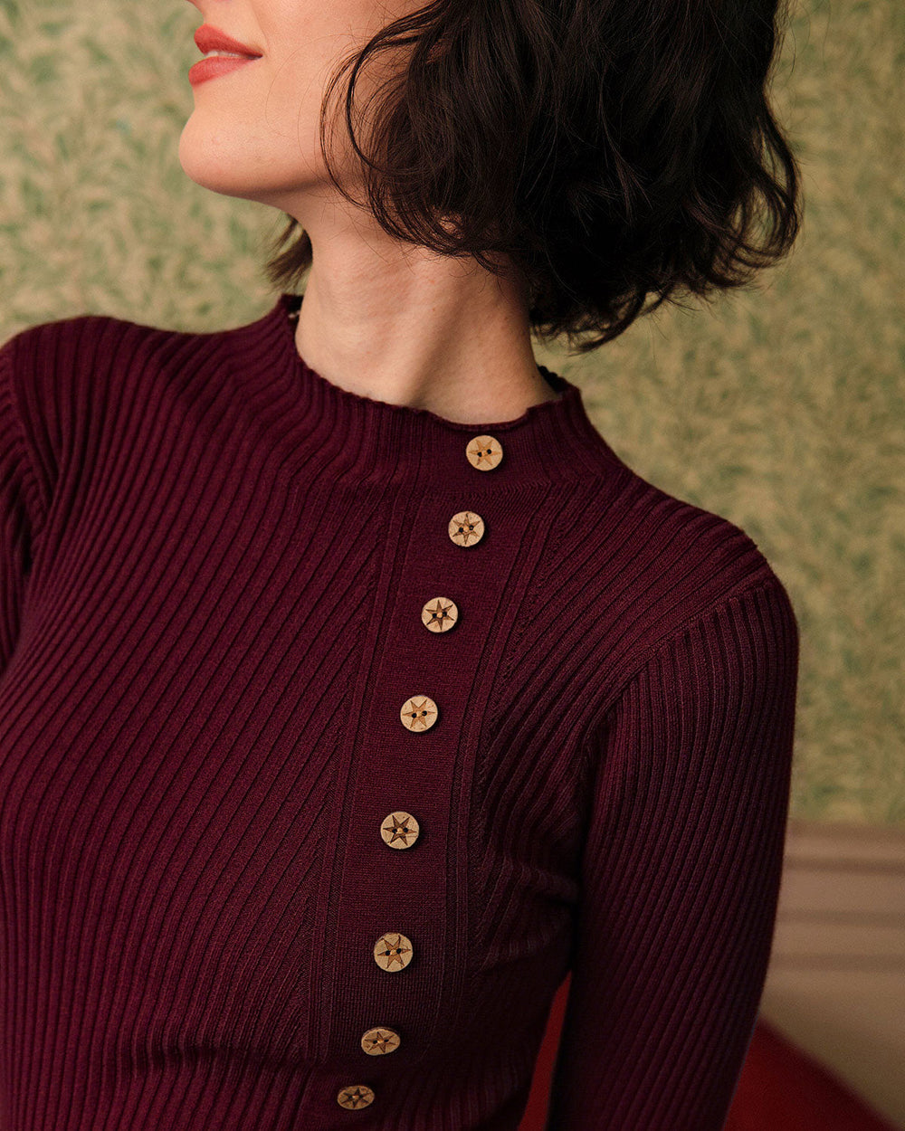 Wine Red Mock Neck Ribbed Knit Tee | Rihoas