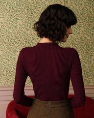 Wine Red Mock Neck Ribbed Knit Tee | Rihoas