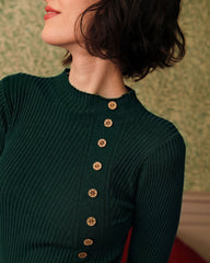 Green Mock Neck Ribbed Knit Tee | Rihoas