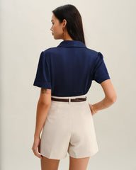 Navy Satin Button Blouse | Rihoas