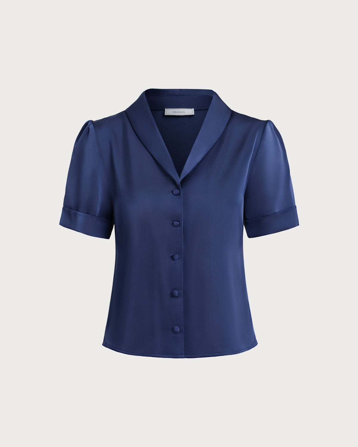 Navy Satin Button Blouse | Rihoas