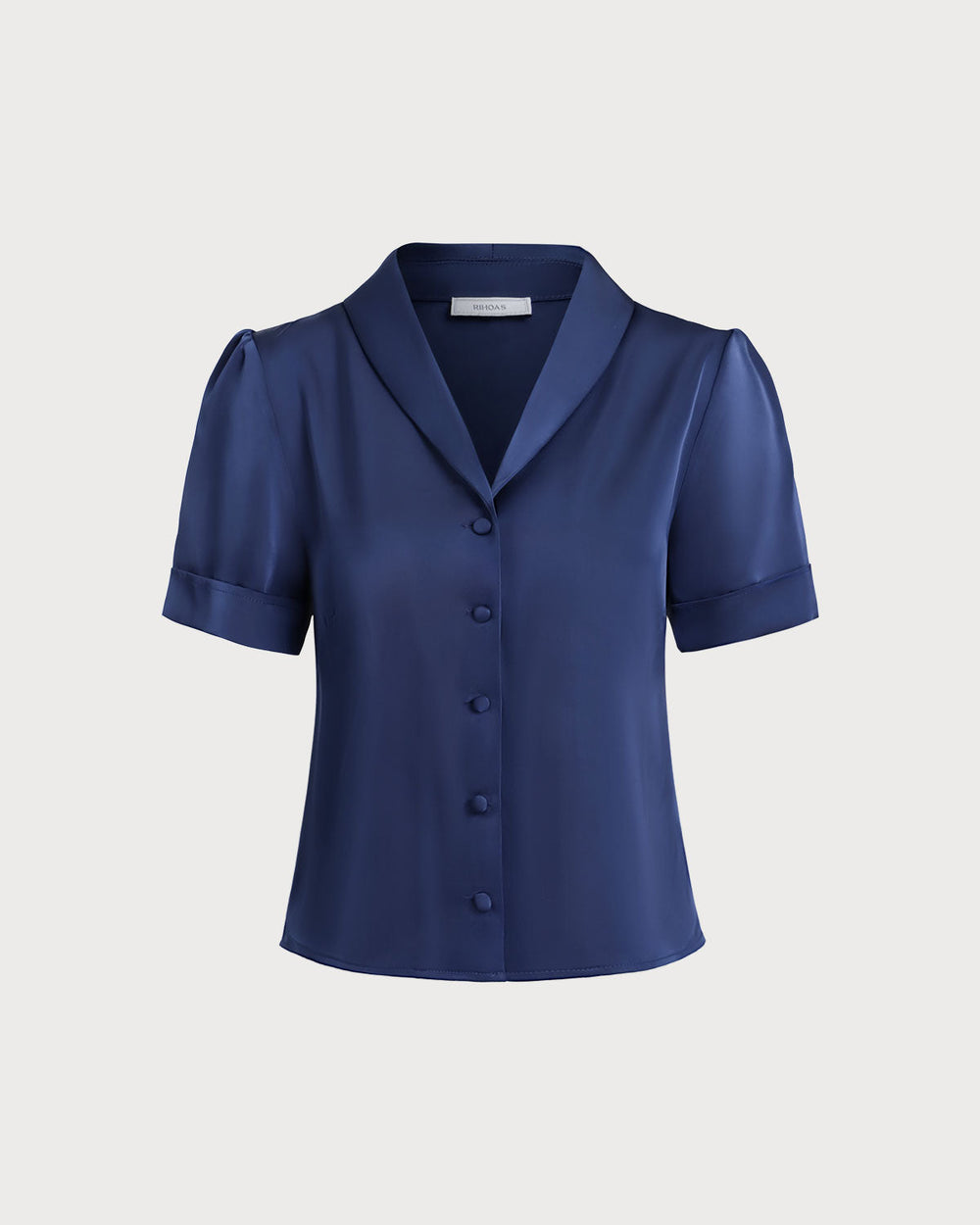 Navy Satin Button Blouse | Rihoas