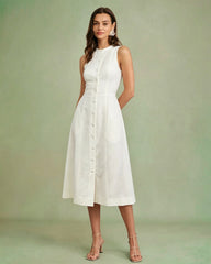 White Button Tie Tunic Midi Dress | Rihoas