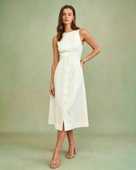 White Button Tie Tunic Midi Dress | Rihoas