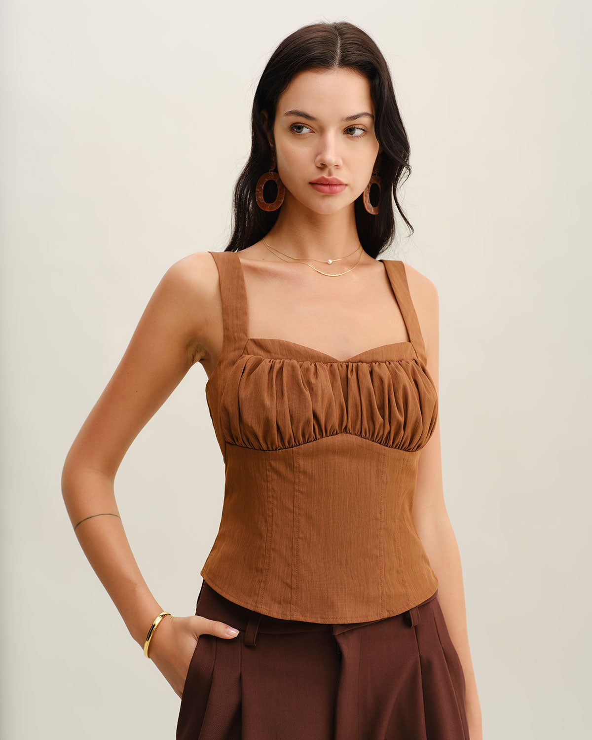 Brown Ruched Shirred Cami Top | Rihoas