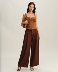 Brown Ruched Shirred Cami Top | Rihoas