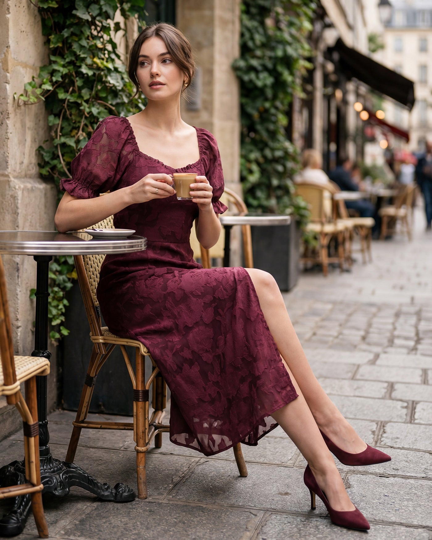 Wine Red Jacquard Slit Midi Dress | Rihoas