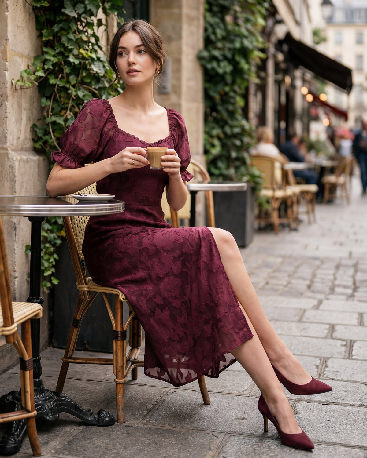 Wine Red Jacquard Slit Midi Dress | Rihoas