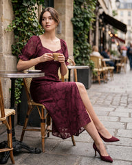 Wine Red Jacquard Slit Midi Dress | Rihoas