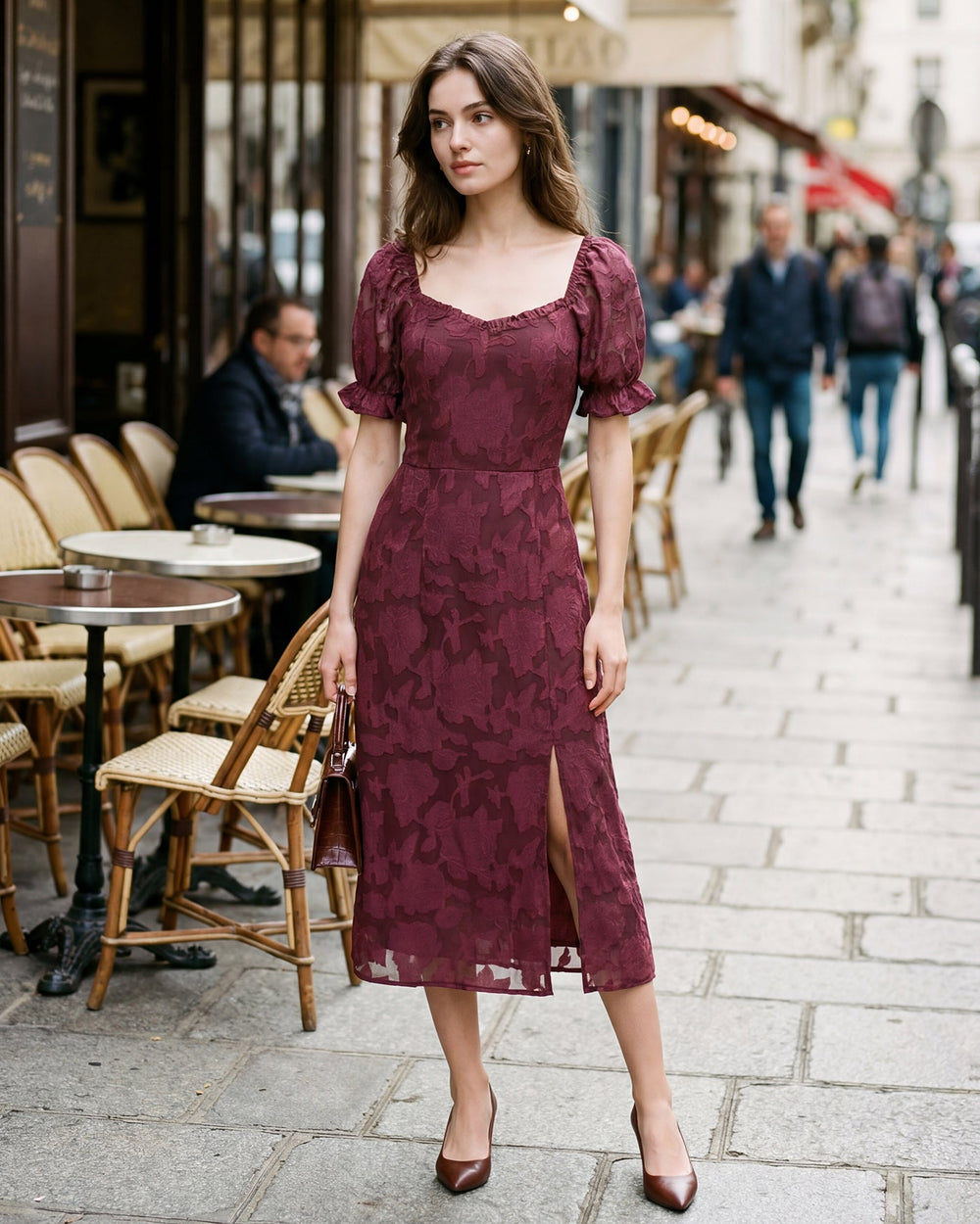 Wine Red Jacquard Slit Midi Dress | Rihoas