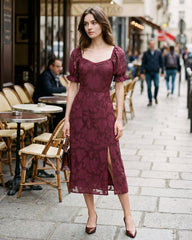 Wine Red Jacquard Slit Midi Dress | Rihoas