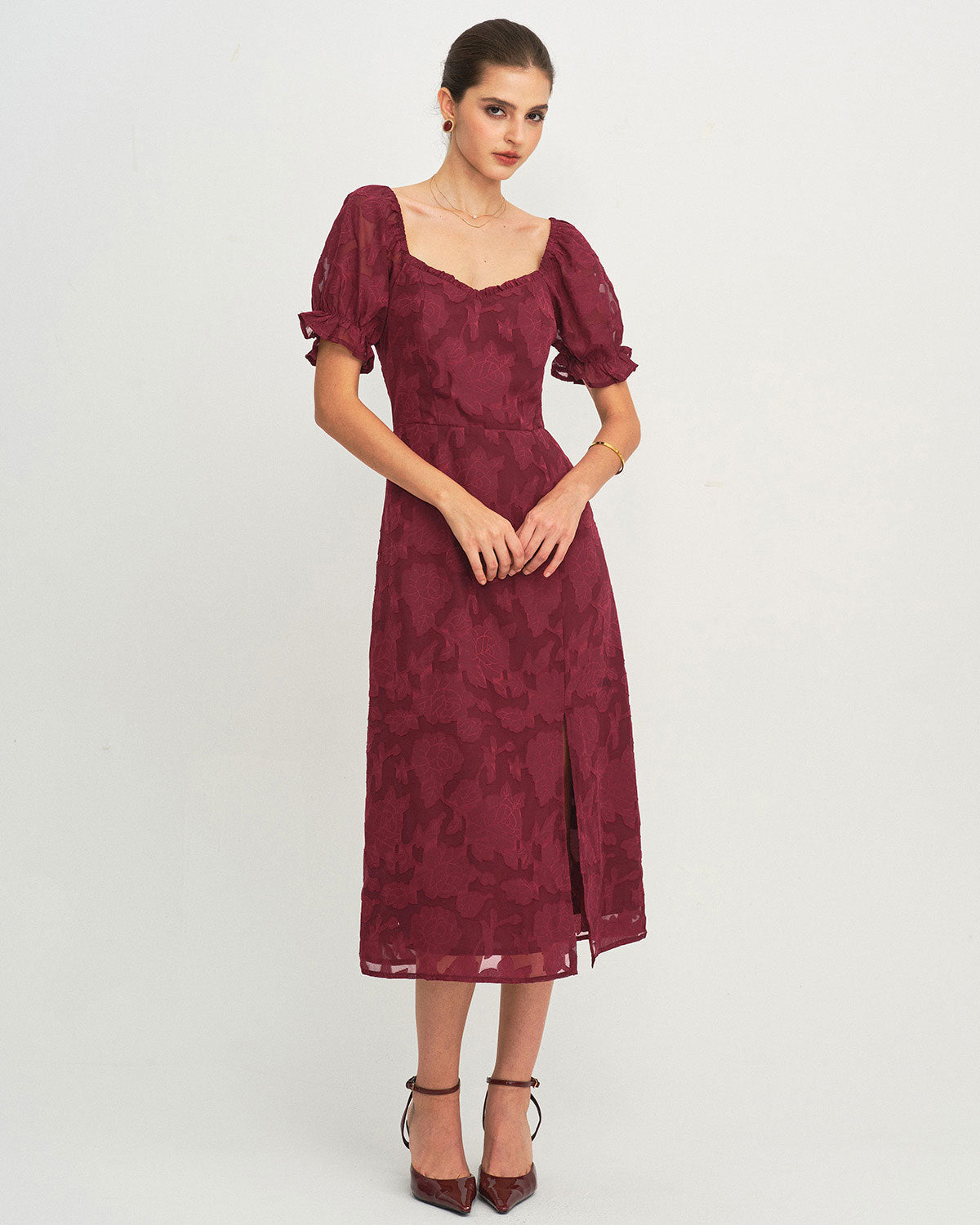 Wine Red Jacquard Slit Midi Dress | Rihoas
