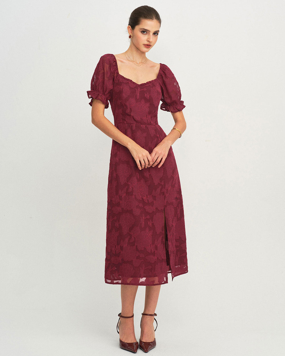 Wine Red Jacquard Slit Midi Dress | Rihoas