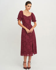Wine Red Jacquard Slit Midi Dress | Rihoas